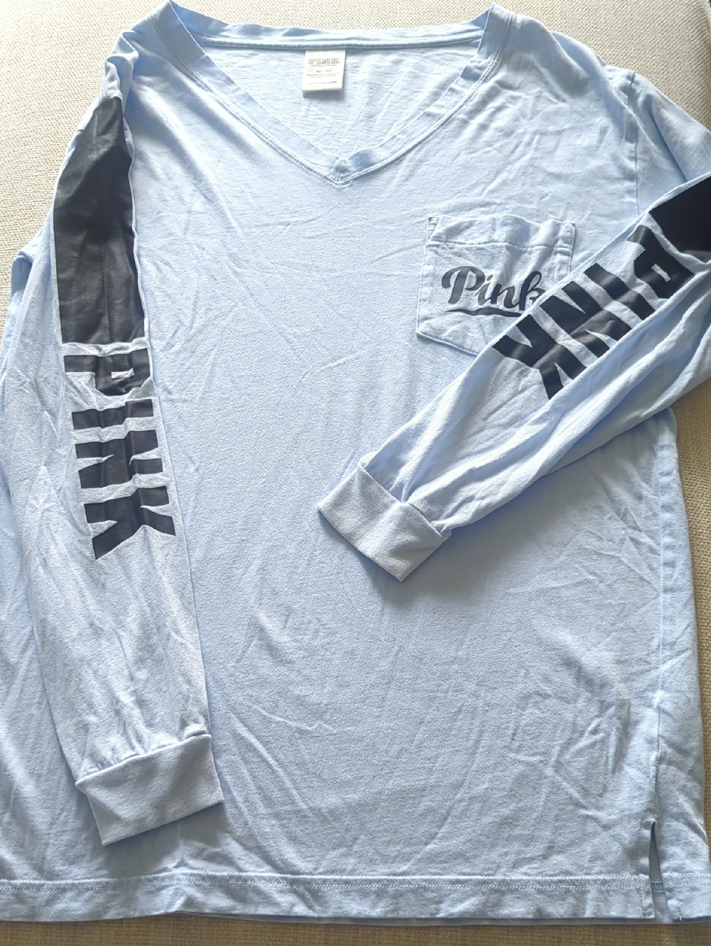 PINK Victoria's Secret Light Blue Long Sleeve V-Neck Pocket Tee with Sleeve Logo
